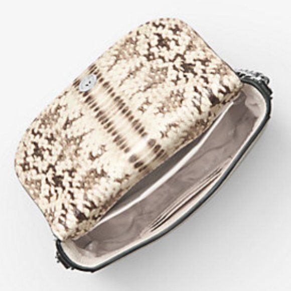 MICHAEL KORS Mott Snake-Embossed Leather Crossbody Cream & Black, Silver Chain - Picture 12 of 15
